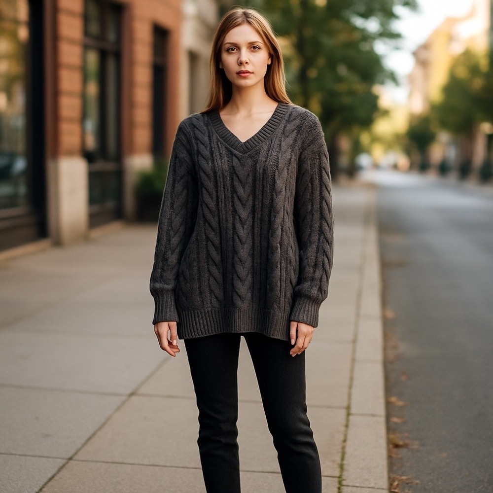 DG2 Cable Knit V‎ Neck Sweater Long Sleeve Pullover Top XL